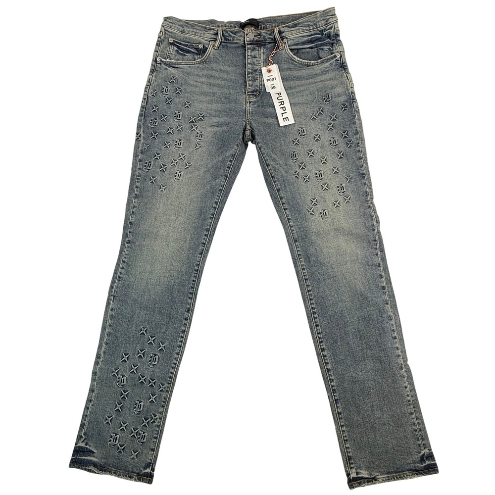 Purple Brand P001 Skinny Jeans Light Indigo Star Monogram Embroidered Mens 38x33